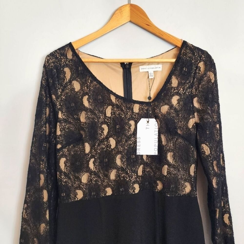 NWT Dress the Population Chante Lace Long Sleeve LBD Dress Black Size Large - Picture 4 of 9